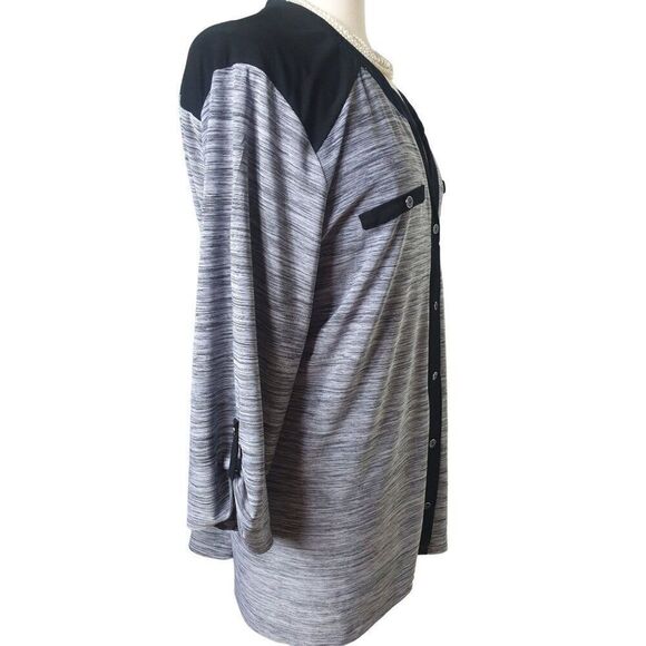 Women's 3X Button Up Top Black & Gray Roll Tab Sleeves Tunic Comfy Blouse - Picture 4 of 6